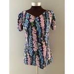 Lilly Pulitzer Shirt Womens L Blue Floral Double VNeck Ruched Sleeve Fairy Photo 1
