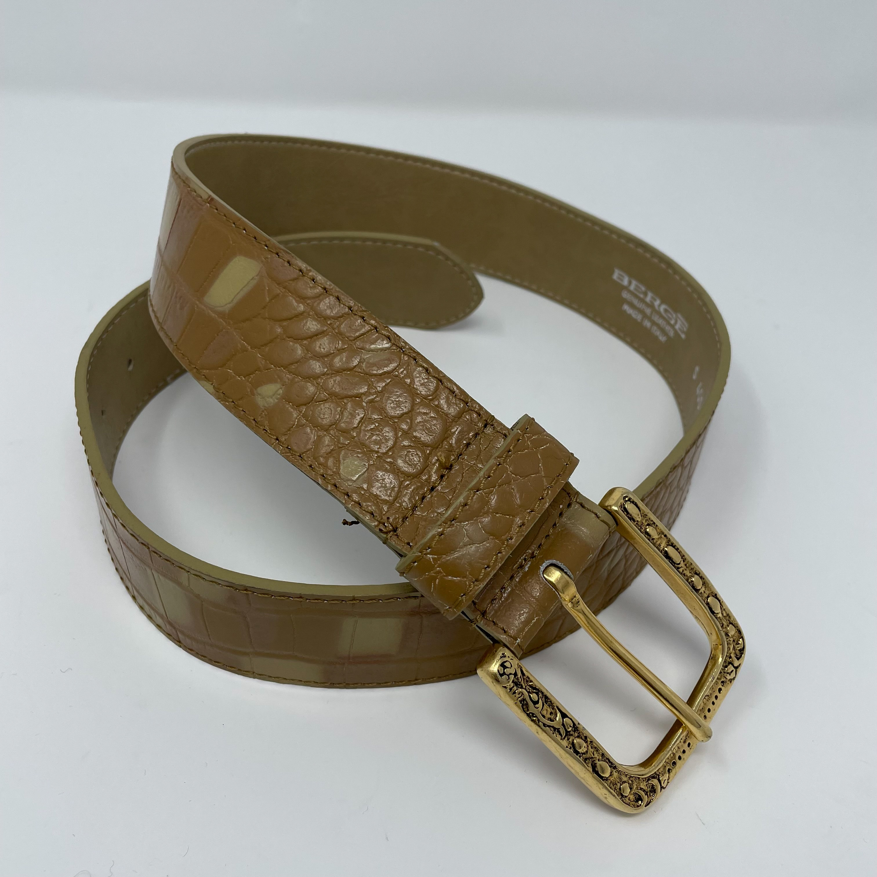 BERGE Tan Leather Croc Textured Belt  Photo 2