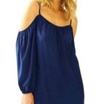 Lilly Pulitzer Navy Blue 100% Silk Cold Shoulder Ruffled Mini Dress Peasant XS Photo 0