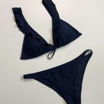 Tory Burch Bikini Swim Suit Two Piece Ruffle Logo Lightly Lined Navy Blue Gold Photo 0