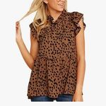 Angashion  Brown & Black Leopard Print Flutter Sleeve Blouse M Photo 1