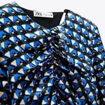 ZARA NEW GEOMETRIC PRINT DRESS BLUE LONG SLEEVE SHORT PLEATED WOMENS Photo 3