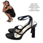 Bebe 90'S VINTAGE BLACK STRAPPY HEELS SANDALS SZ. 7.5-8 MADE IN SPAIN. Photo 1