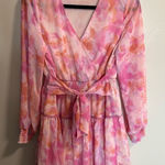 Japna  Tiered‎ Knee Length Long Sleeve Flowy Tie Dye Pink Orange Tie Front Dress Photo 0