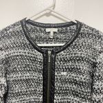 Joie  Black White Leather Trim Long Sleeved Knit Zip Up Sweater Photo 3