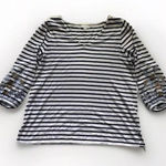 J Jill Size S Navy Striped V Neck Embroidered Fisherman‎ Quiet Luxury Old Money White Photo 0