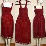 Handmade Real Seashell Fringe Hem Plaid Shirring Dress Red Photo 2