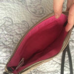 Liz Claiborne Small Clutch Purse in Tan Suede with Pink Circle Pattern Baguette Photo 3