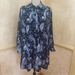 ZARA  PRINTED SHIRT FLOUNCED DRESS BLUE BLACK PAISLEY PRINT LONG SLEEVES SZ S Photo 2