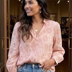 Anthropologie Let Me Be Embroidered Floral Fish Button Top Size Small Photo 0