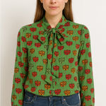 Ann Mashburn 2010s  Green Floral Printed Bow Blouse size  Small Photo 0
