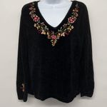 Vintage Velvet Floral Embroidered Sweater V Neck Top Blouse Long Sleeve 90s Blac Black Size M Photo 0