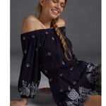 Anthropologie  Farm Rio Jackie Embroidered Romper Eyelet Blue White Linen Photo 10