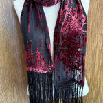 Vintage Burgundy Burnout Velvet Fringe Boho Scarf Art Deco Revival Whimsigoth Black Photo 0