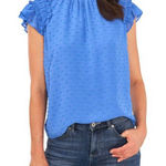 CeCe  Blue Clip Dot Ruffle Mock Neck Crepe Top Size Small Photo 0