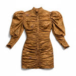 A Peuch Ruched Puff Sleeve Mock Neck Floral Print Mini Dress Brown M Size M Photo 0