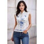 Chinese Embroidered 100% Silk Cheongsam Sleeveless Top Size M Blue Size M Photo 1