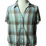 Erika Short Sleeve Plaid Button Down Shirt Top Blouse XL‎ Blue Brown White Photo 0