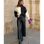 ZARA Blogger Fave Black Faux Leather High Rise Wide Leg Cropped Marine Pants 6 Photo 14