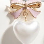 Pink & Gold Pearl Bow Heart Drop Earrings | Romantic Dangle Studs NWT Photo 0