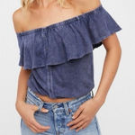 Free People  We The Free Love Letter Off Shoulder Ruffle Top Stone Washed Blue XS Photo 0