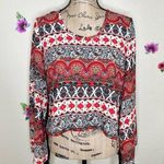 See You Monday Bell Sleeve Multi Print Fringe Top with Split Open Back Size S Photo 0