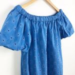 ZARA Floral Openwork Textured Blue Off Shoulder Mini Sun Dress Balloon Sleeve Photo 6