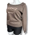 Old Navy Womens Y2K Sweatshirt Wide Boat Neck Graphic Print Banded Hem Brown Lar Photo 5