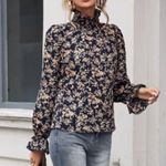 Clasi Shirred High Neck Flounce Sleeve Allover Floral Print Top Size Large Multiple Photo 0
