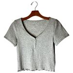 American Eagle ‎ Shirt Women Small Gray Ribbed Knit V Neck Henley Baby Tee NWT Photo 1