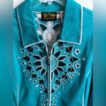 Bob Mackie  Wearable Art Cutout Embroidered Turquoise Zipper Cotton Jacket Photo 6