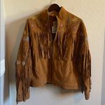 Free People  Willa Western Bomber Tan Leather Jacket with Fringe Embroidery Photo 4