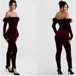 House Of CB Salima Feather Trim Off The Shoulder Long Sleeve Velvet Jumpsuit Photo 3