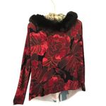 Boston Proper Stretch Knit Removable Black Faux Fur Collar Top Sz L Red Black Photo 5