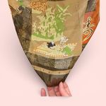 Beautiful vintage sheer silky Asian life theme earth tones scarf 27” x 27” Green Photo 4