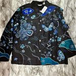 Laura Ashley  Womens Sz XL Silk Black And Blue Reef Embroidered Butterfly Jacket Photo 2