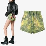 Gucci Washed Studded And Tiger Embroidered Denim Shorts in Green/Yellow Photo 11