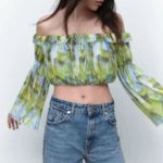ZARA Printed Tulle Cropped Top bell sleeves ruffles Green Yellow Sz S Photo 2