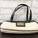 Ralph Lauren Lauren Black Croc Leather Beige Canvas Gold Turnlock Shoulder Bag Photo 8