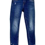 ZARA Mid Rise Raw Hem Skinny Jeans Pearl Beaded Detail 5 Pockets 4 Dark Wash Photo 2