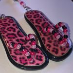 Silver Tone Pink Black Cheetah Print Flip Flop Boho Earrings Photo 1