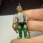 Fisherman Rhinestone Brooch Pin Gold Tone Man Fishing Green Enamel Overalls Photo 1