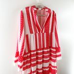 Silk & Salt V Neck Aztec Long Sleeve Midi Dress Red White Medium Photo 5