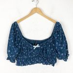 For Love & Lemons Lola Pointelle Crop Top XL Blue Floral Puff Sleeve Cottagecore Photo 3