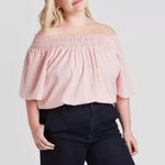 A New Day Short sleeve Smocked off the shoulder shirt top red white striped L Photo 0