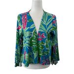 TABI FLORAL TROPICAL BLUE GREEN PINK STRETCHY BOHO BELL SLEEVE OPEN CROP CARDY L Size L Photo 1