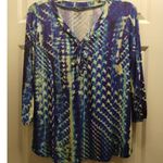 Sami & Jo  Women's Size XL Lace-Up Popover 3/4 Sleeves Blue Abstract Stretch Top Photo 0