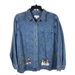 VTG CJ Banks 2X Denim Shirt Blue Embroidered Snowman Cabin Trees Christmas Y2K Photo 0