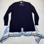 Chico's Open Front Cardigan Duster Scarf Hem Blue Print Trim Knit Size 0 US S Photo 0