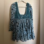 Free People  Marsha Mini Dress Sz L Lake Combo Blue Floral Boho Velvet‎ NEW Photo 1